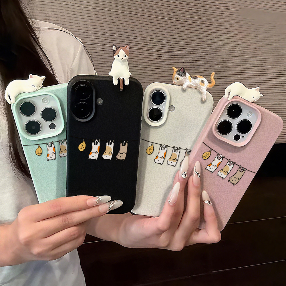 Phone Cases Cute Iphone 13 - 3D Cute Cartoon Cat Leather Case